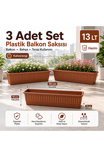 biedda 3 Adet 70 cm Balkon Saksısı 13 L Kahverengi Büyük Boy Uzun Dikdörtgen Saksı