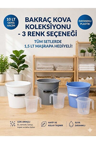 biedda 3 Adet 10 LT Mavi-Beyaz-Antrasit Gri Bakraç Kova Metal Saplı Plastik K...