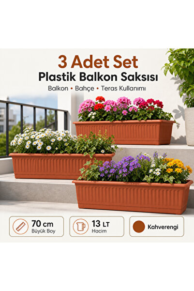 ZİVORA 3 Adet 70 cm Balkon Saksısı 13 L Kahverengi Büyük Boy Uzun Dikdörtgen ...