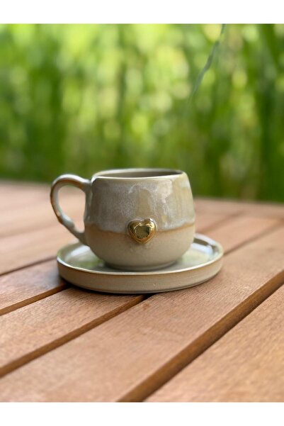 Nart El Yapımı Stoneware Fincan - Gerçek Altın Kalp Dekorlu 100 ml