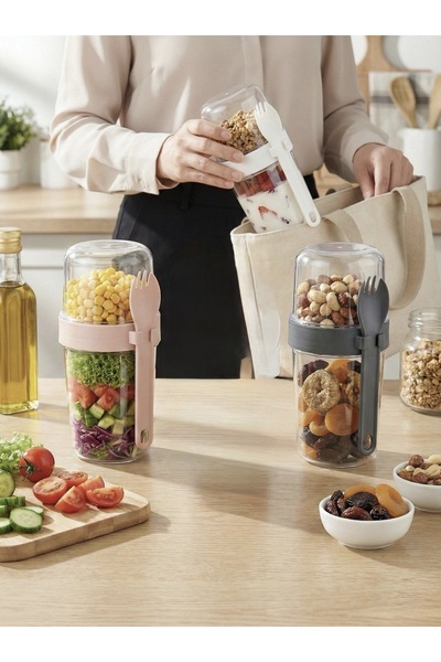 Dükkanönü 3'lü 800 ML Müsli Kabı Seti- Taşınabilir Yoğurt Yulaf Kahvaltı Seti...