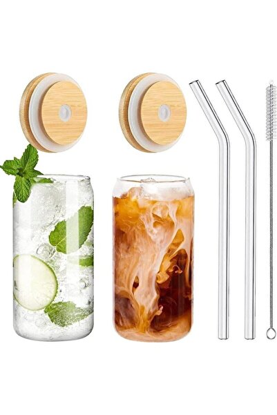Bambu Kapaklı 2’li Cam Bardak Seti - 300ML Isıya Dayanıklı Cam Pipetli ve Fırçalı