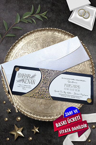 Cem Davetiye Düğün Nişan Nikah Kına Davetiyesi 954 (100 ADET) Baskı Dahil