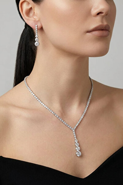 Valmont Accessories Kristal Taşlı 2'li Kolye ve Küpe Seti - Düğün, Kına, Nişa...