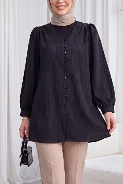 Modamorfo Buttoned V-Neck Jacquard Crinkle Tunic - Black