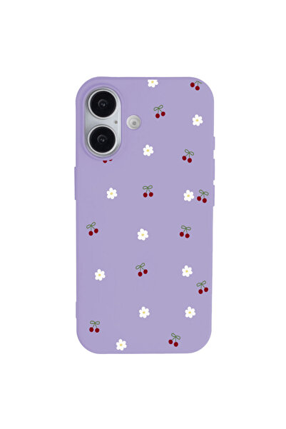Casen iPhone 17 Lila Lansman Renkli Silikon Kiraz ve Çiçek Desenli Kamera Kor...