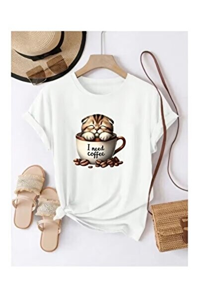yiou trendy clothing تي شيرت نسائي أنيق وجميل بطبعة قطة - تي شيرت لمحبي القهوة
