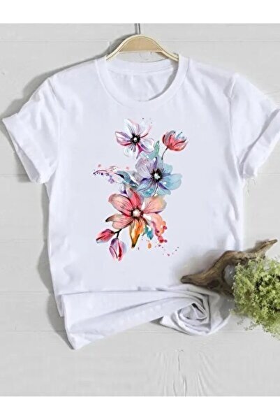 yiou trendy clothing تي شيرت نسائي بطباعة زهور وياقة دائرية مصنوع من القطن 100%
