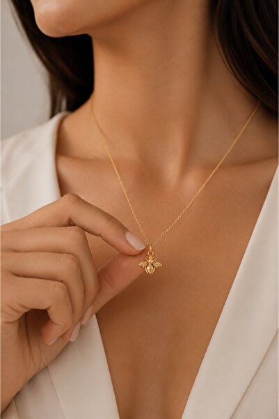 Auryne Jewelry Üç Boyutlu Arı Kolye 14 Ayar Altın Kaplama Şık Tasarım Zarif T...