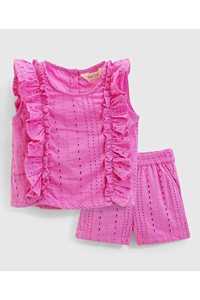 Bonfino Woven Schiffli Ruffles Top and Shorts Co-ords Set - Pink