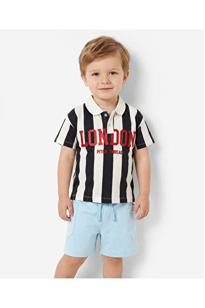 Bonfino Drop-shoulder Oversized Stripe & Printed Half Sleeve Polo T-Shirt Car...