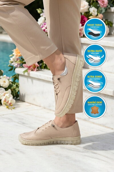 AYAKMOD Beige Genuine Leather Women's Casual Shoes 22425 Z