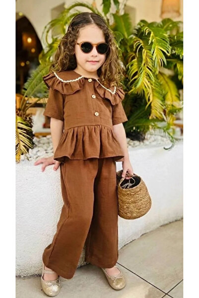 Kidmark Çocuk Modası طقم علوي وسفلي من الموسلين باللون البني للفتيات