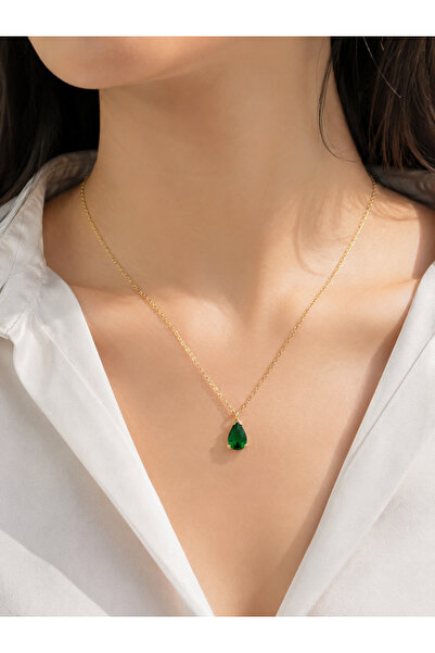 Frost Jewellry 925 ayar yeşil damla taşlı altın kaplamalı gümüş kolye
