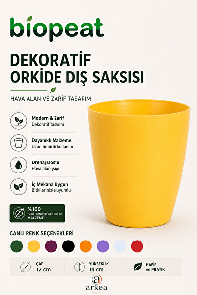 BioPeat 12 Pot Dekoratif Sarı Orkide Saksısı | Modern Tasarımlı İç Mekan Bitk...