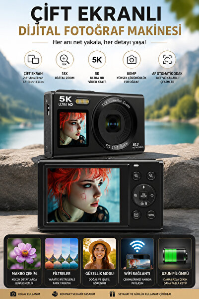 ROBEVE 5K Ultra HD Dijital Fotoğraf Makinesi Çift Ekranlı 80MP Kamera 18X Dij...