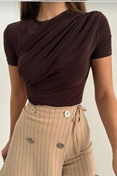 OWERALL Drawstring Draped High Neck Short-Sleeved Blouse/T-Shirt