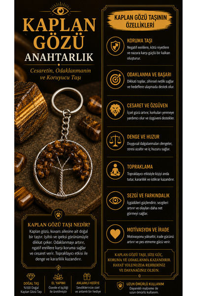OSMANLI DOĞAL TAŞ Certified Tree of Life Tiger Eye Keychain