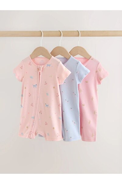 Next Baby Pamuklu Pembe Animal Baskılı 3'lü Romper Set