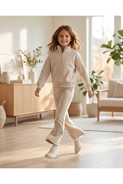 LCW STEPS Ecru High Collar Girls' Sweatshirt and Leggings