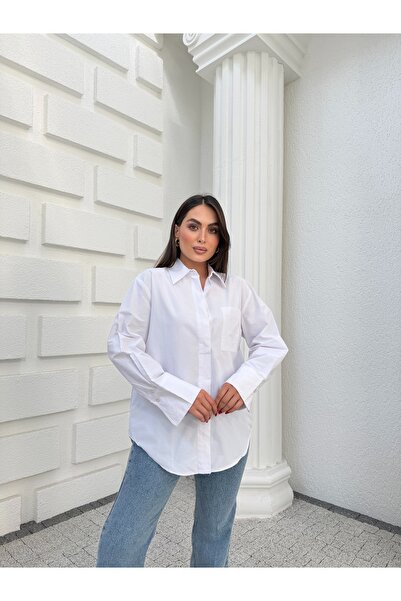 Myra Fashion Oversize Poplin Gömlek Tek Cepli Geniş Kesim Uzun Kol Bluz Kadın...