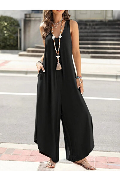 civetta Women's Strappy Round Neck Pocketed Loose Long Viscose Jumpsuit