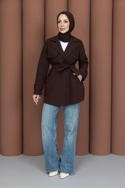 PAVENTİ Short Windbreaker Belted Trench Coat Brown