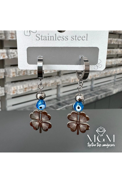 EASERA TİCARET Steel Clover Evil Eye Beaded Earrings