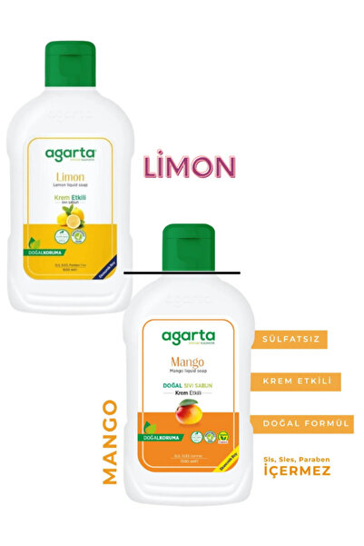 Agarta Doğal Limon Mango Sıvı Sabun Krem Etkili 1500 Ml x 2 adet
