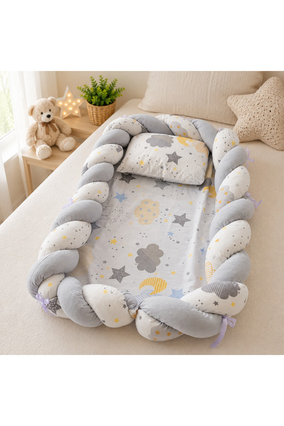 Bebelul Baby nest cocon din muselina gri cu perna si saltea 80x52 cm