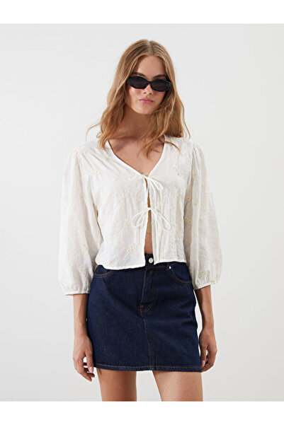 LC Waikiki V Neck Embroidered Tie-Up Blouse