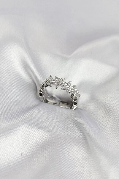 TakÇalıştır Silver Color Brass Row Star Model Zircon Stone Women's Ring