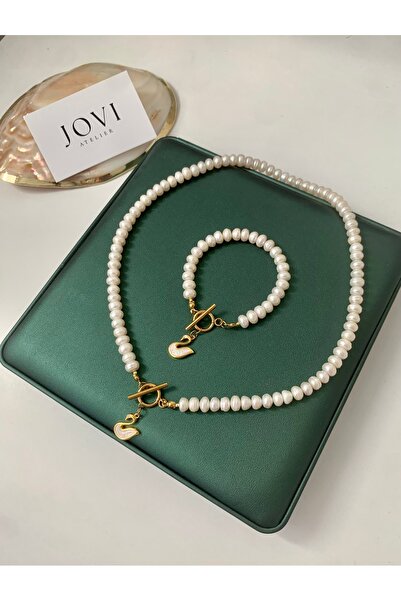 JOVİ ATELİER 50cm - Doğal Rondela İnci Kadın Kolye ve Bileklik Seti | Çelik A...