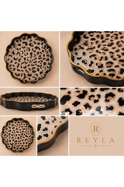 R-EYLA R’EYLA Léopard Dekoratif Sunum Tepsisi 38 CM | Gold Detaylı Premium Le...