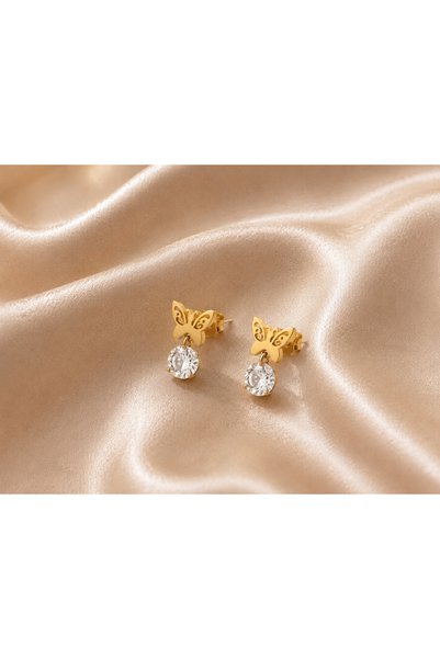 LUNIVRA Minimal Gold Earrings with Stainless Steel Butterfly and Stone Detail