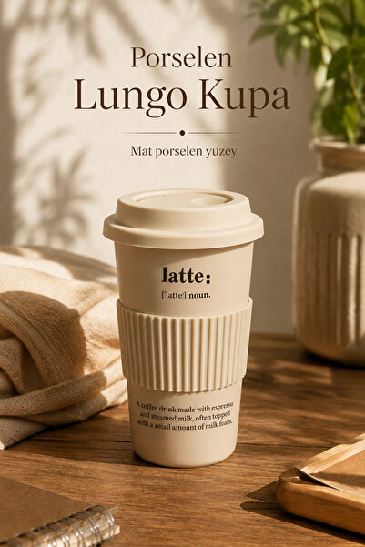 welcomein Lungo Porselen Kupa 430 ml Kapaklı Mat Yüzey Kahve Bardağı, Latte Ç...
