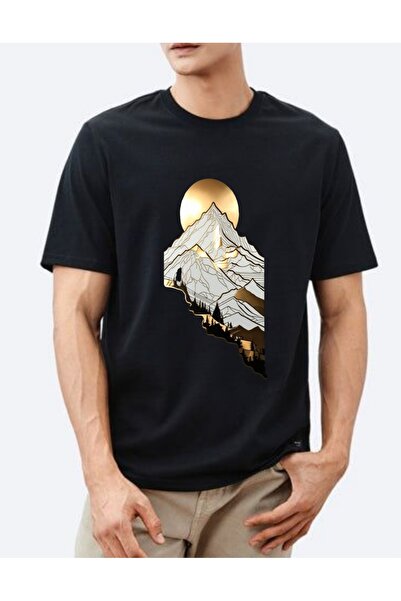 Krays Mountain Peak Graphic Print Men's Oversized T-Shirt- White - Black Opti...