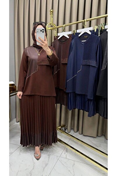 MODA Deri Detaylı Tunik Piliseli Etek Takım