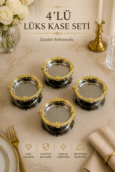 MGEStore 4'lü Gold Detaylı Lüx Kase Seti Dekoratif Sunum Kasesi Çerezlik Sosl...