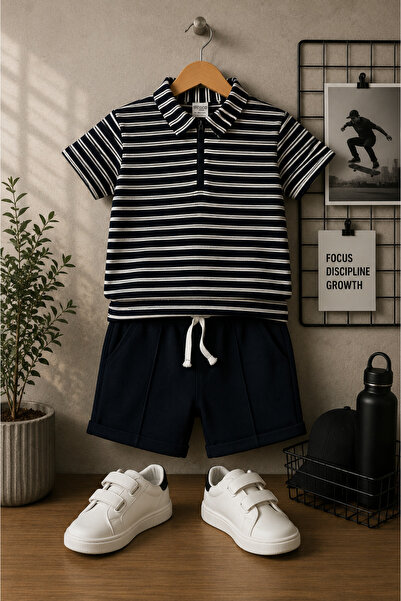 Black Zippered Striped Waffle Fabric Summer Boys' Suit