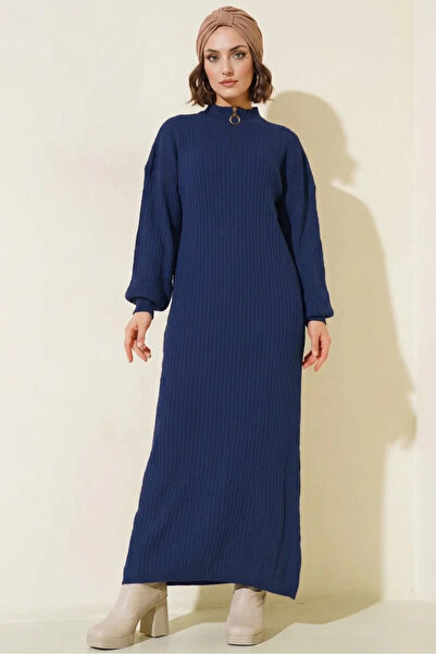 buğrahayalin Women's Turtleneck Long Knitwear Navy Blue Hijab Dress