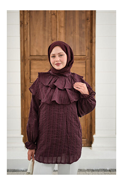 LC Waikiki Nevavm Women's Self-Drawing Patterned Collar Gathered Tunic in Plum