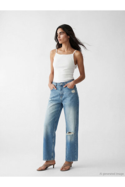 LC Waikiki Nevavm Women's Wideleg Ripped Detailed Jeans with a Difference