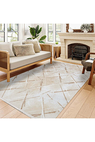 halinet Halı.Net Cream Modern Washable Non-Slip Living Room Carpet Cr-Londra-...