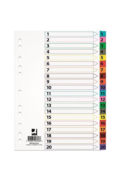 Q-Connect Index carton alb Mylar numeric 1-20, margine PP color, A4, 170g/mp,