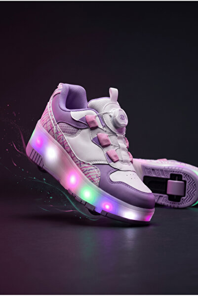 Tonny Black Çocuk Unisex Pembe Lila Rahat Kalıp Patenli Işıklı Spor Ayakkabı