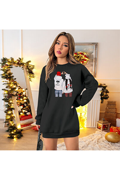 Efnaz style Women's Long Sleeve Crew Neck Print Viscose Two Thread Dress