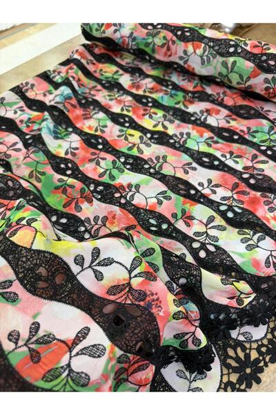 METERİAL Floral Printed Fabric with Black Lace Trim - 130 cm Wide