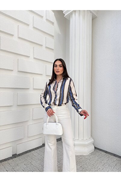 Myra Fashion Kadın Düğmeli Fırça Desenli Dikey Çizgili Saten Dokulu Modern Gö...