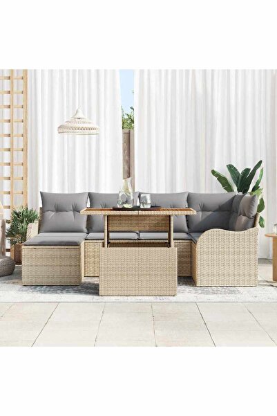 vidaxl Set de canapele pentru gradina 7 pcs Bej Rattan poli